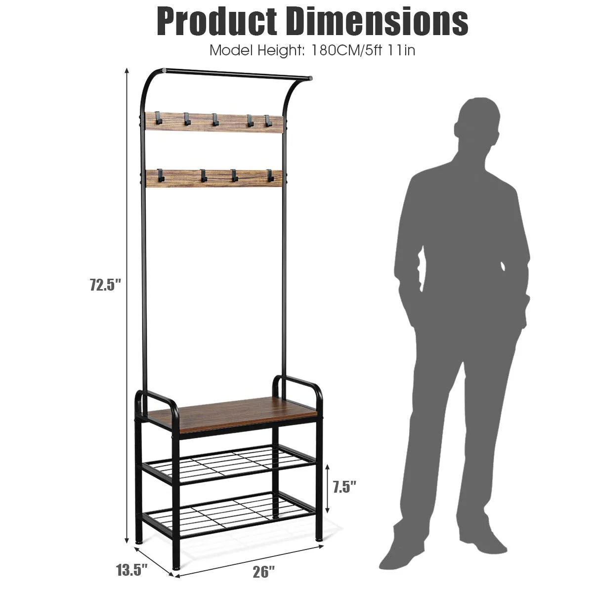 Tangkula 3-in-1 Industrial Hall Tree, 72.5 Inches Shoe Coat Rack Bench w/ Storage Shelf, 9 Hanging Hooks (Brown)