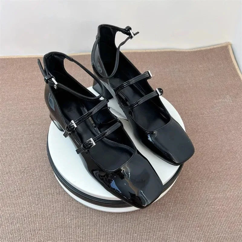 TAVIMART  -  Black Commuter Mary Jane Women's Shoes Square Heel Buckle Strap Glossy Ladies Shoes Sweet Hand-made Zapatos Mujer 2024 Tendencia