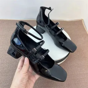 TAVIMART  -  Black Commuter Mary Jane Women's Shoes Square Heel Buckle Strap Glossy Ladies Shoes Sweet Hand-made Zapatos Mujer 2024 Tendencia