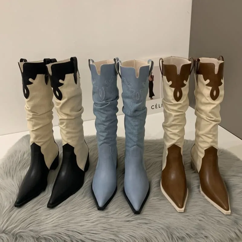 Two-tone Pointed Toe Denim Ladies Western Cowboy Boots