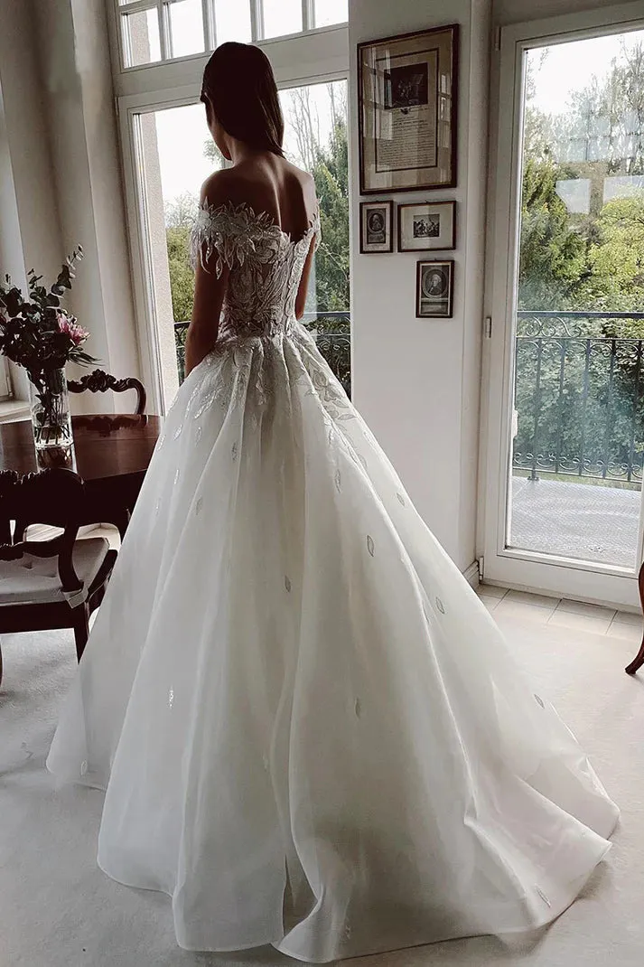 Unique Off The Shoulder Appliques Rustic Lace Wedding Dress WD683