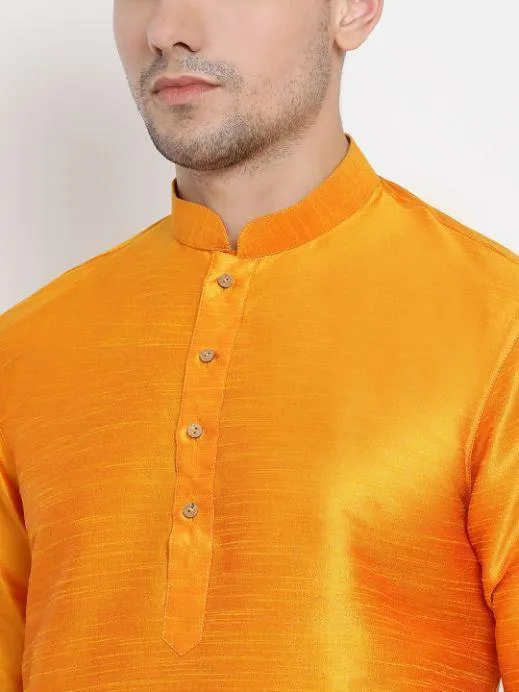 VASTRAMAY Men's Orange Silk Blend Kurta Dhoti