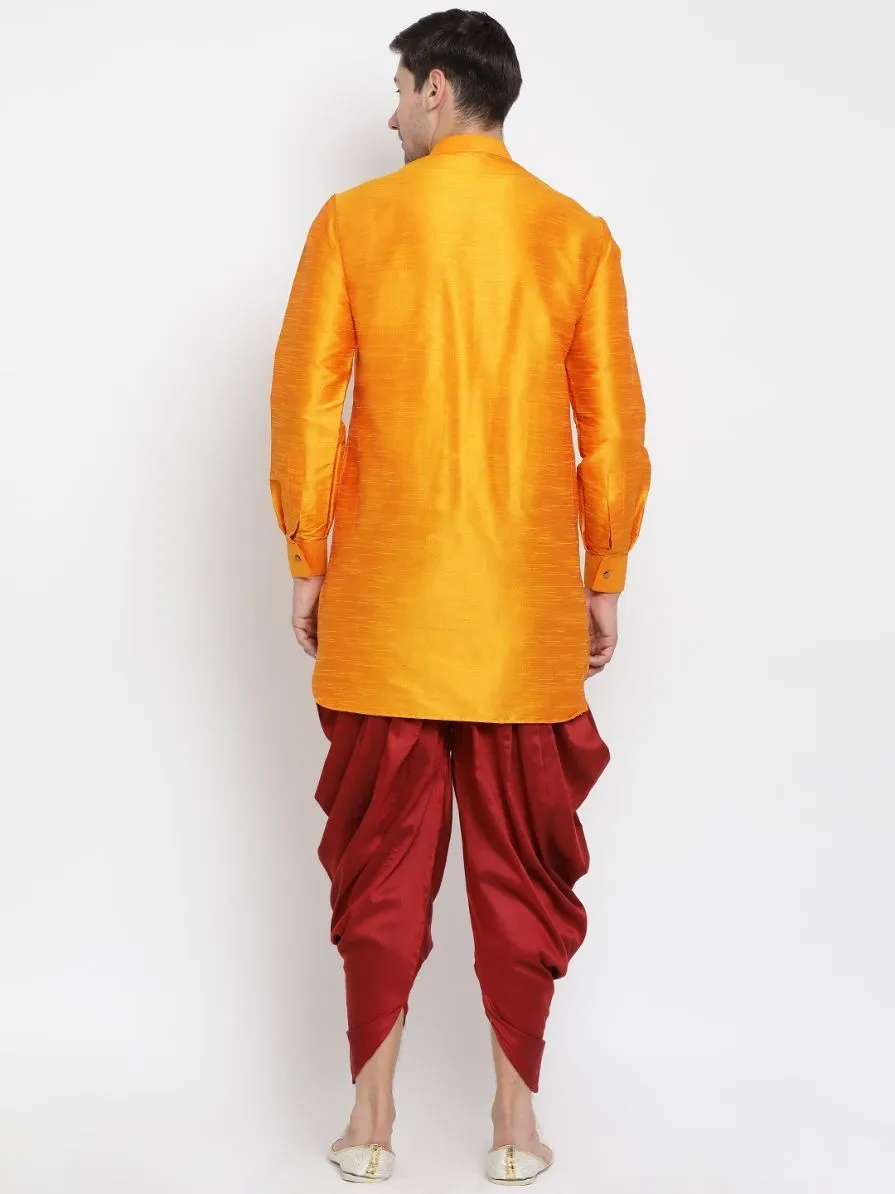 VASTRAMAY Men's Orange Silk Blend Kurta Dhoti