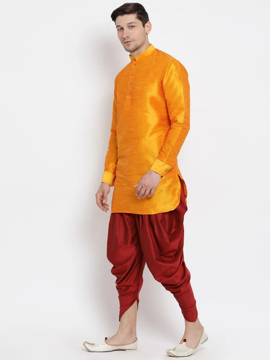 VASTRAMAY Men's Orange Silk Blend Kurta Dhoti