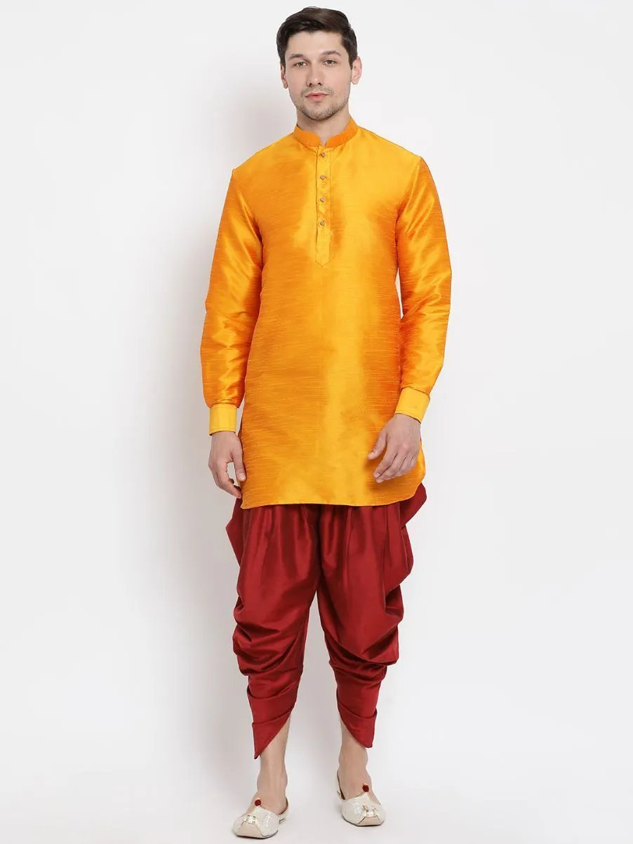 VASTRAMAY Men's Orange Silk Blend Kurta Dhoti