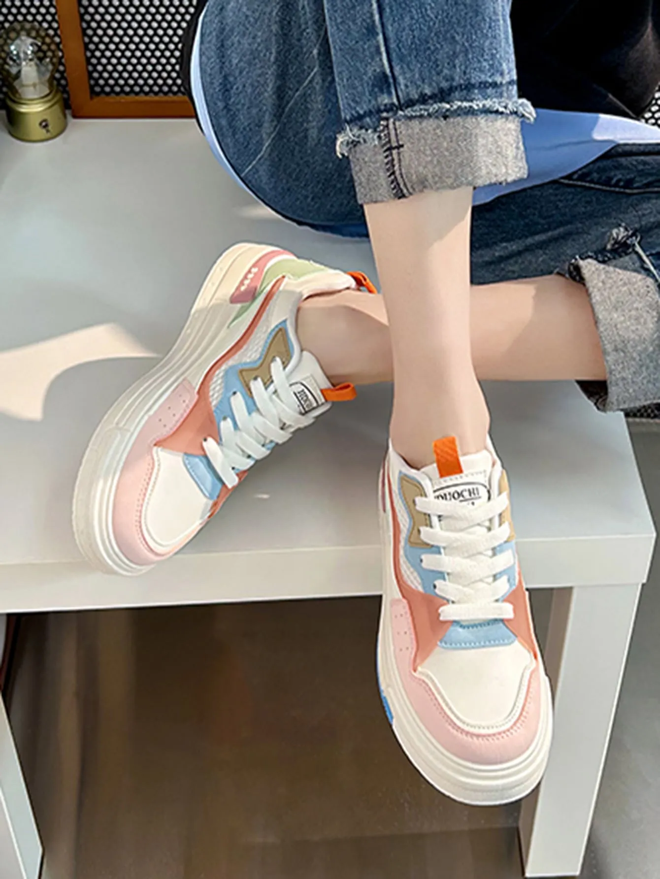 Women Colorblock Lace-up Front Casual Shoes Sporty Outdoor Skate Shoes