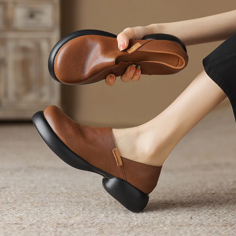 Women Comfy Thick- Soled Chunky Heel Leather Shoes