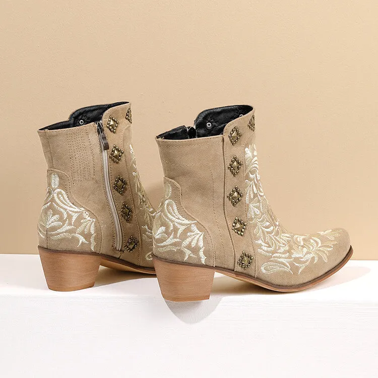 Women's Flock Pointed Toe Rivets Embroidery Puppy Heel Cowboy Short Boots