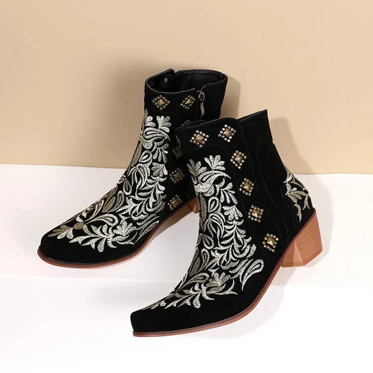 Women's Flock Pointed Toe Rivets Embroidery Puppy Heel Cowboy Short Boots