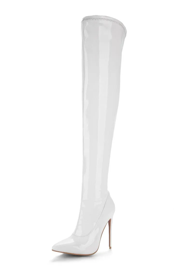 Women's Patent Leather Pointed Toe Stitching Side Zippers Stiletto Heel Over the Knee Boots