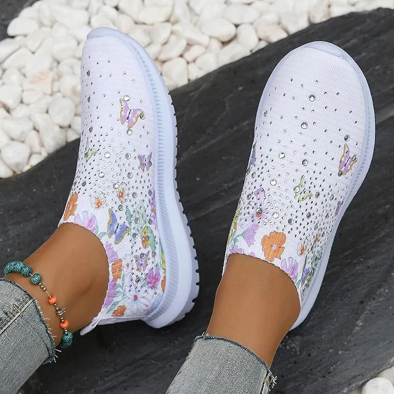 Women's Rhinestone Decorated Shoes with Butterfly and Flower Print