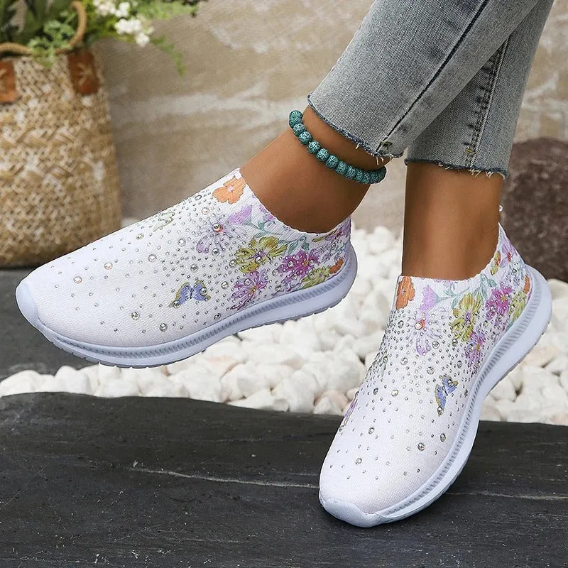 Women's Rhinestone Decorated Shoes with Butterfly and Flower Print