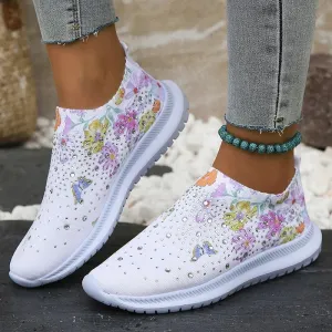 Women's Rhinestone Decorated Shoes with Butterfly and Flower Print