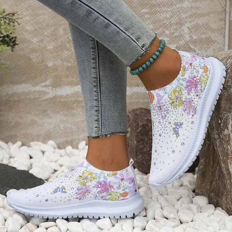 Women's Rhinestone Decorated Shoes with Butterfly and Flower Print